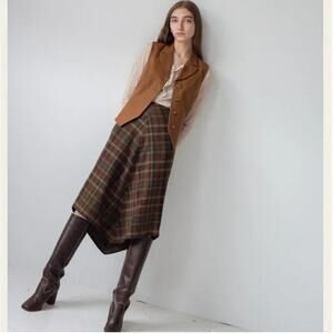 Lauren Ralph Lauren Women's 4 Wool Brown Plaid Lined V Hem Midi Skirt  Preppy